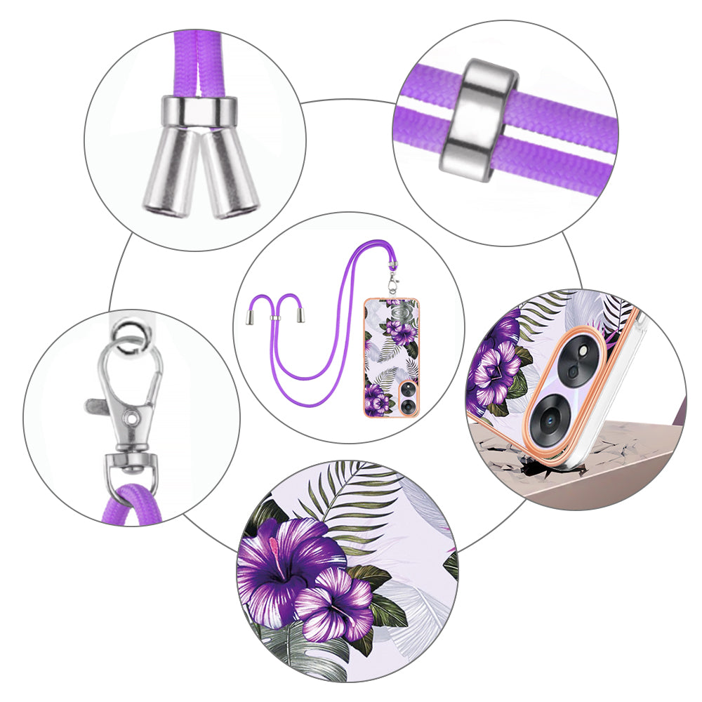 YB IMD Series-4 for Oppo A78 5G / A58 5G Electroplating TPU Cover IMD Marble Flower Pattern Phone Case with Lanyard - Purple Flowers YB IMD Series-4 for Oppo A78 5G / A58 5G Electroplating TPU Cover IMD Marble Flower Pattern Phone Case with Lanyard - Purple Flowers